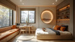 © Heng Heng - AI Stock - Modern bedroom with large windows, a bed, a desk, and a unique circular wall decoration.