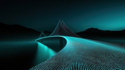 Wall Mural - A bridge forming from a series of glowing data points, connecting two separate islands, skill gap analysis and closing the distance between knowledge levels