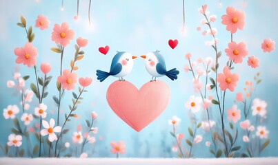 A whimsical illustration of two lovebirds sharing a heart surrounded by beautiful flowers, perfect for romance and love themes.