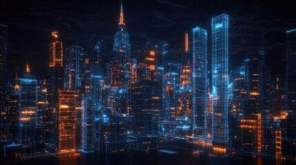 A futuristic cityscape with glowing blue and orange lines, representing digital technology and innovation.
