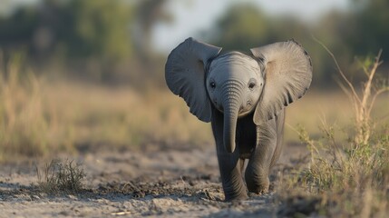 Poster - Baby Elephant Walking on a Dirt Path in the African Savanna