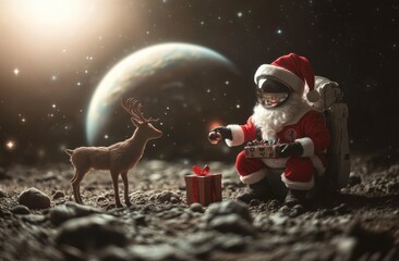 Poster - A cute Santa Claus in an astronaut suit plays with deer on the moon, holding gifts and toys, against the backdrop of Earth