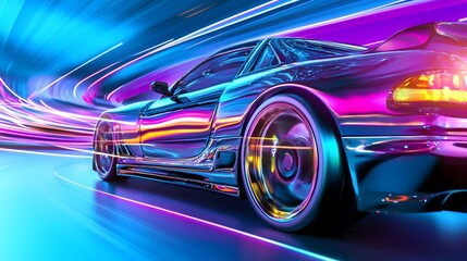 Canvas Print - A futuristic sports car zips through a neon tunnel, leaving a trail of colorful light.