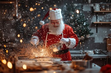 Wall Mural - Santa Claus in the kitchen cooking Christmas cookies, sparks flying from the pan, a magical atmosphere, the kitchen decorated for Christmas.