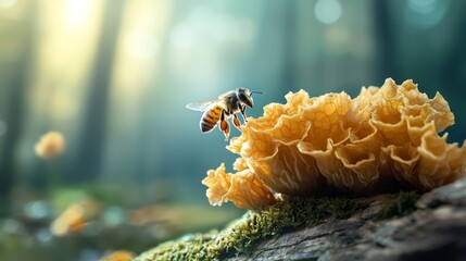  A bee up close on a wooden patch, nearby flower in foreground, forest backdrop