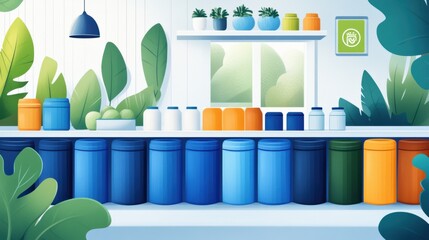 A colorful display of a shelf with many different colored containers, AI