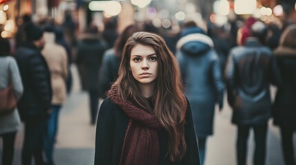 Young woman with long brown hair looks directly at the camera while standing in a crowd of people.