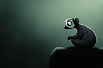 Wall Mural - A lemur with large expressive eyes sits on a dark ledge, staring into the distance. Simple yet evocative.