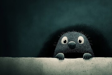 Wall Mural - Star-nosed mole -A furry creature peeking over a ledge, looking curious and playful. The dark background enhances the mysterious vibe.