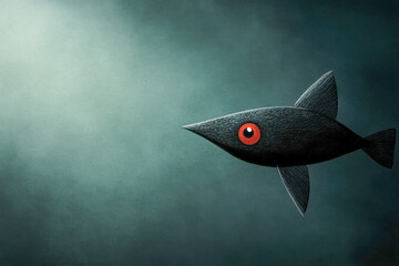 Red-lipped batfish - A stylized fish with a bright red eye swimming in a misty ocean. Minimalist and surreal.