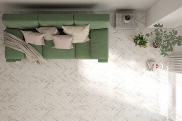 Wall Mural - Top view of white bedroom concept with concrete floor. Scandinavian interior design. 3D illustration