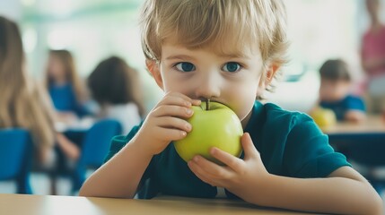 A young boy takes a bite out of a green apple in a classroom setting.