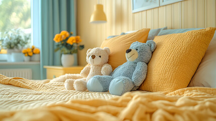 Two teddy bears sitting on a bed with yellow bedding and pillows.  The bears are a light blue and white.