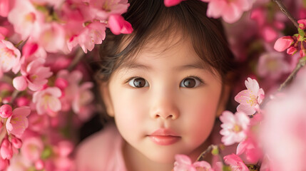 Wall Mural - beautiful studio portrait of young Asian girl surrounded in pink flowers