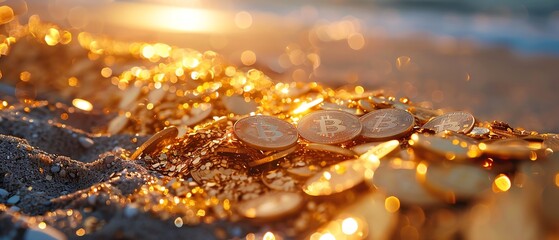 Golden bitcoins scattered on sandy beach with sunlight, symbolizing digital currency, cryptocurrency investment, and financial technology.