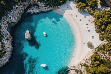 Wall Mural - Sunny Mediterranean Paradise: A Scenic View of a Secluded Beach in Spain with Crystal Clear Water and Sandy Shoreline