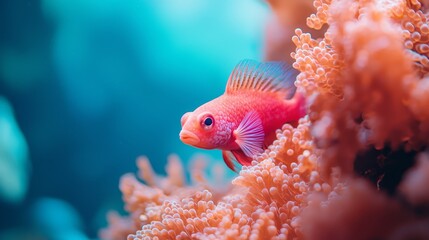 Wall Mural -  A tight shot of a red-and-white fish against a backdrop of corals and clear water