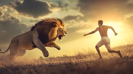 A man runs away from a roaring lion in a dramatic scene.