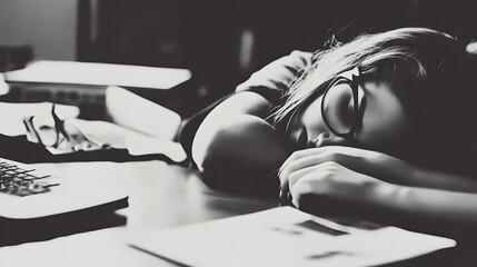 Sticker - Young woman sleeping on her desk, exhausted.