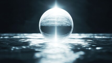 Wall Mural - a floating transparent sphere in the middle of a dark void, with light beams shining through it, rep
