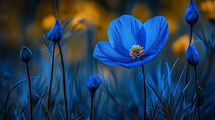  A tight shot of a single blue bloom amidst a backdrop of blue blossoms in a sea of green grass, with yellow flowers dotting the foreground