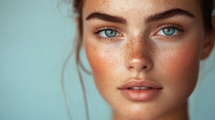 Sticker - Close-up Portrait of a Woman with Freckles and Blue Eyes