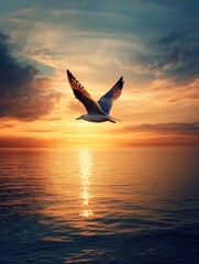 Sticker - Seagull Flying Over Ocean Sunset