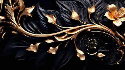 a three dimensional abstract pattern, gold leaf, flower carvings, black background