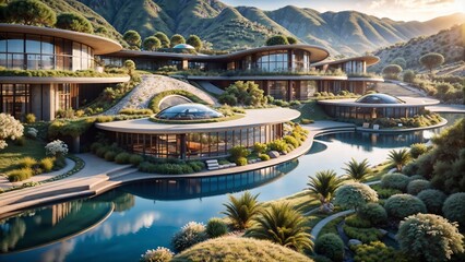 Aerial view of circular eco-friendly architecture integrated with pools in arid desert landscape