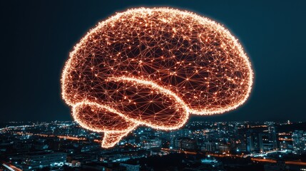 Canvas Print - A giant glowing brain formed from interconnected data points and lines, hovering above a cityscape, the power of data-driven intelligence in decision-making