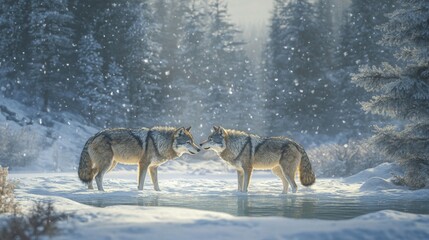  Two Wolves Facing Each Other in a Snowy Forest