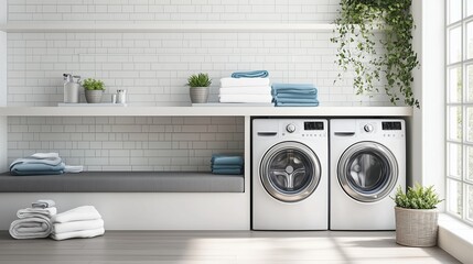 Wall Mural - Modern laundry room with washer and dryer near sunlight and greenery showcasing a minimalist design, perfect for efficient household chores