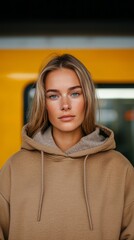  A woman, clad in a brown hoodie, stands before a yellow door She gazes intently at the camera with a grave expression