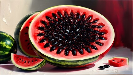 A large number of black seeds embedded in a vibrant red ripe watermelon, showcasing the contrast between the seeds and the juicy fruit.