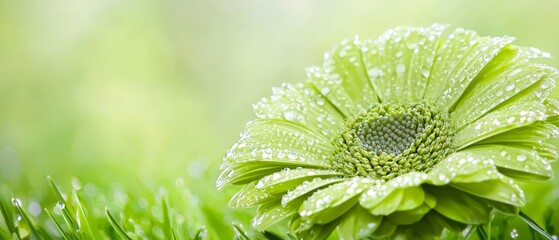 a tight shot of a green flower, adorned with dewdrops on its petals, against a backdrop of lush gree