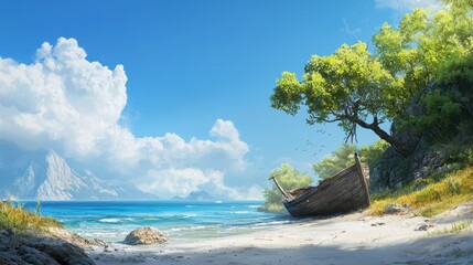  A boat rests atop a sandy beach, surrounded by a lush green forest, and adjacent to a body of water