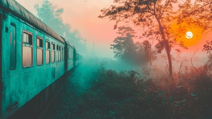  A train traverses a foggy forest as sun rays penetrate tree branches alongside it