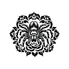 tarantula in folk art black and white silhouette illustration