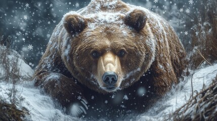 Poster - A Brown Bear Standing in Snowfall