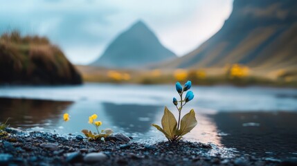  A tiny plant emerges from the ground by a tranquil body of water, framed by distant mountains