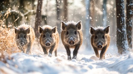 Sticker - Three Wild Boars Walking Through Snowy Forest