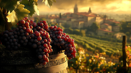 A scenic view of grapes on a barrel with a vineyard and village in the background at sunset.