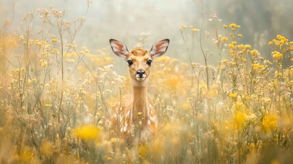  A deer in a wildflower field gazes at the camera, alongside a curious gazelle