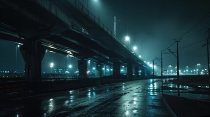 Wall Mural - Urban background with big road bridge. Dark contrast colors. 