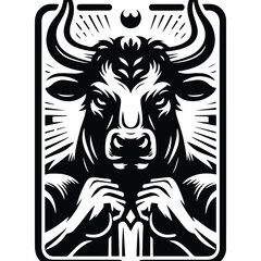 Bull in Tarot card black and white silhouette illustration