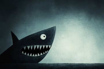 Wall Mural - Goblin shark - A stylized black shark with sharp teeth on a dark minimalist background. Humorous and surreal.