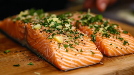 Close-Up of Fresh Salmon Fillet with Lemon and Parsley, Salmon, Food, Cooking