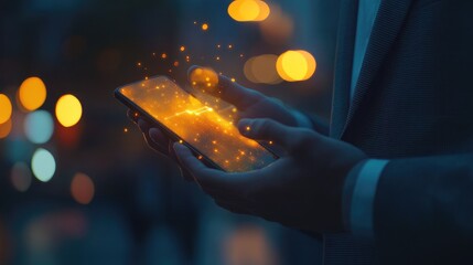Wall Mural - a businessman holds a smartphone with glowing particles emanating from the screen, suggesting digita