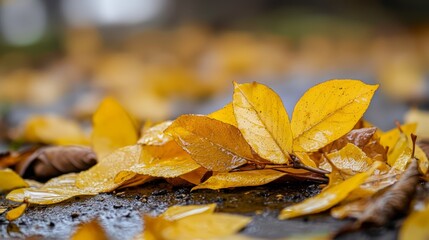 Sticker -  A cluster of yellow leaves resting atop damp earth, besprinkled by water droplets nearby