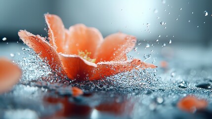 Wall Mural -  A tight shot of an orange blossom, adorned with dewdrops atop its petals and at their bases